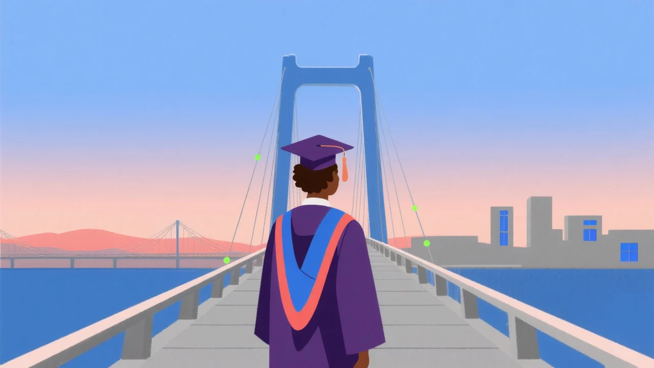 A graduate looking towards a bridge leading to a city skyline