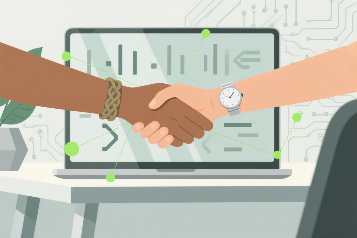 Tech handshake over a laptop